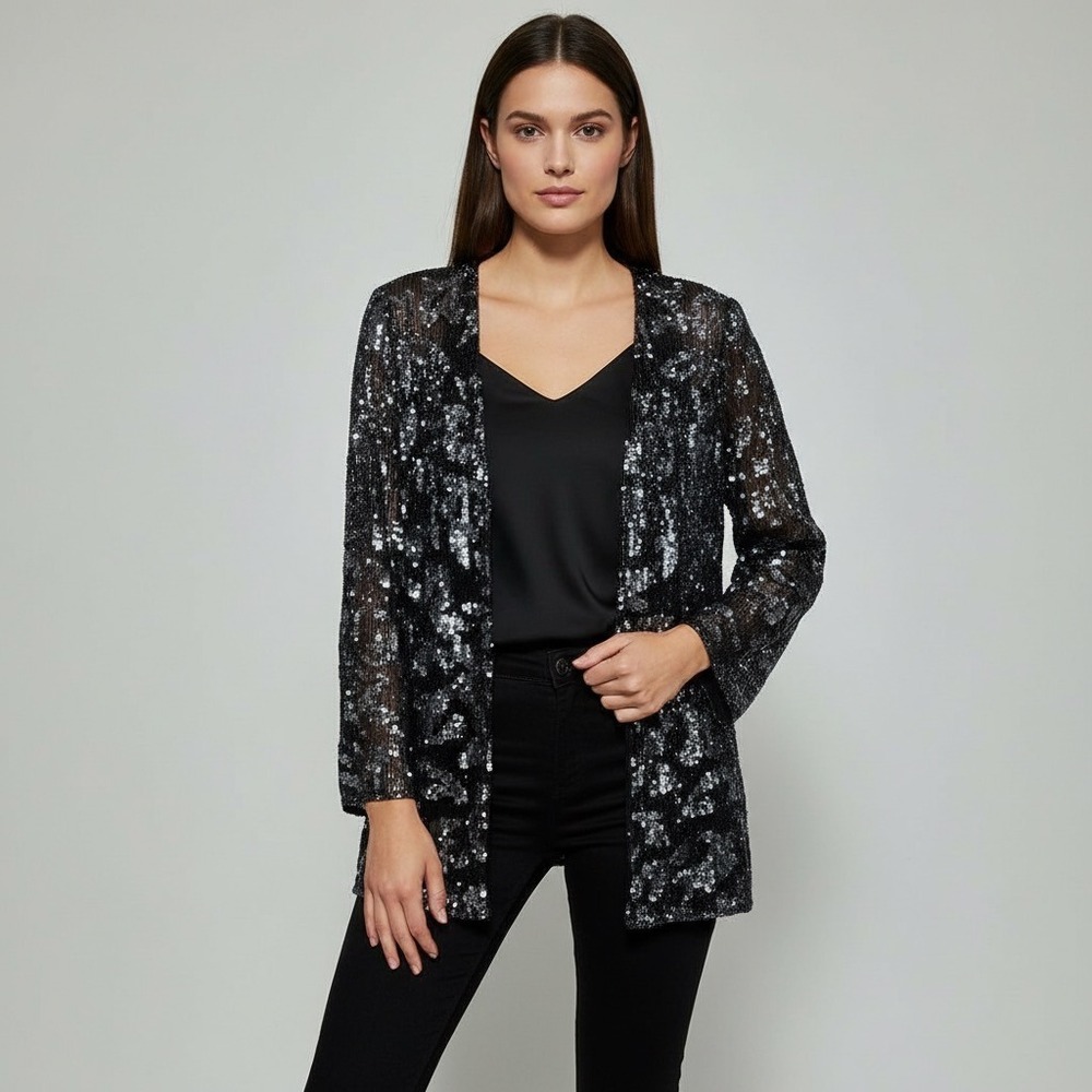 MARK & JOHN  Gopal Black Beaded Sequin Sheer Open Front Kimono Jacket Cardigan M